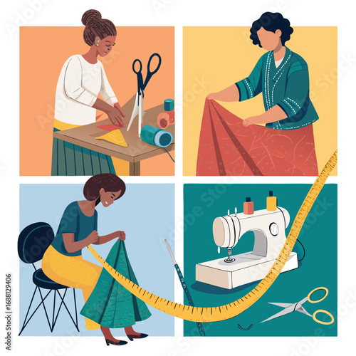 Vector art of creative sewing and tailoring process illustration, showing different stages of garment making