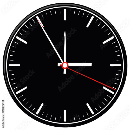 Minimalist black analog wall clock showing passing time with a red second hand