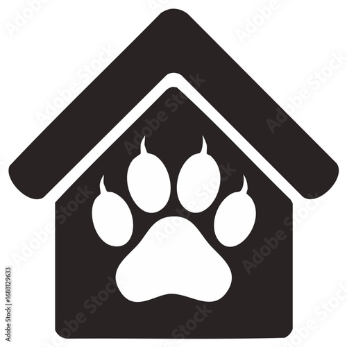 Stylized house icon with a prominent dog paw print within the opening