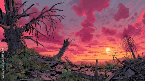 Dramatic illustration showcases desolate landscape regrowth against a vivid sunset sky.