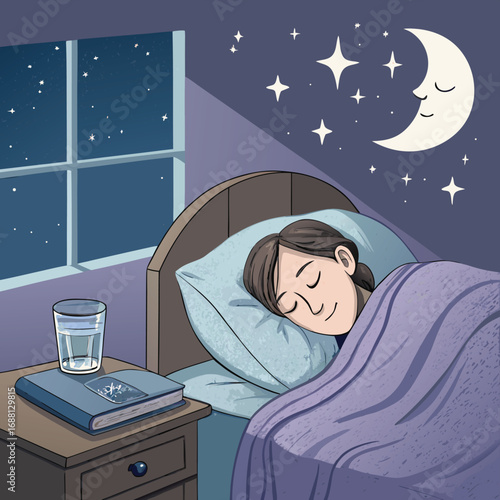 Vector art of a woman is sleeping peacefully in her bed at night, with a book, a glass of water, and a crescent moon and stars visible through the window