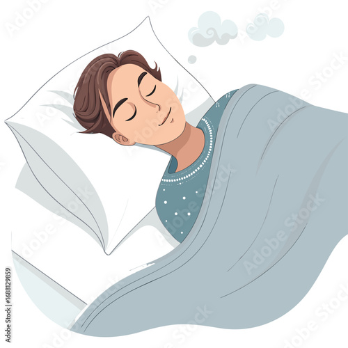 Vector art of a man is sleeping peacefully in his bed, dreaming