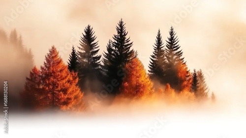 Autumn forest with misty fog rising among pine and orange foliage trees, fall banner landscape scene with copy space and dreamy seasonal atmosphere