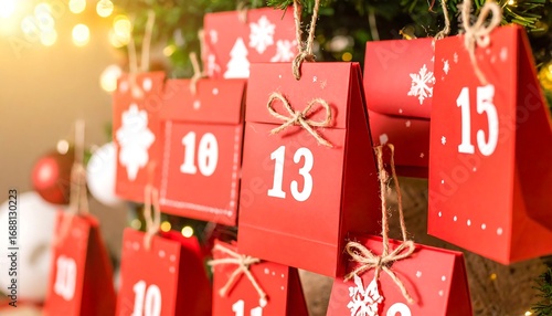 Red advent calendar bags hanging from a Christmas tree
