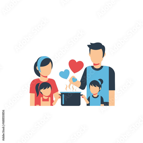 Family Cooking Together with Steam Heart Shapes Graphic Design in White Background Illustration for Family Time Concept