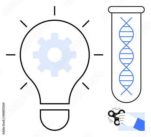 Lightbulb with gear, DNA helix in test tube, hand holding fidget spinner symbolizing creativity, research, and focus. Ideal for innovation, creativity, science, technology research productivity