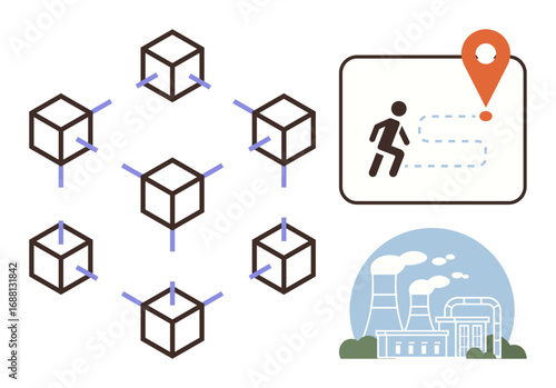Interconnected cubes of blockchain network, path tracking with pinpoint icon, industrial factory. Ideal for blockchain, logistics, technology, supply chain, innovation, sustainability security