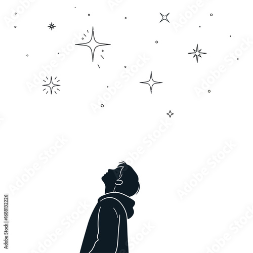 Silhouette of person looking up at stars and dots scattered on a white background illustration art