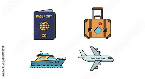 A collection of travel icons including a passport suitcase boat and airplane on a white background