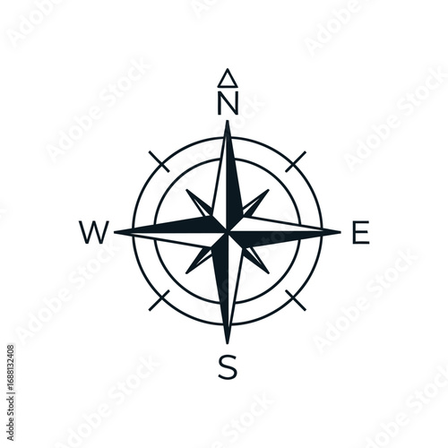 A simple black and white compass rose with north south east and west directions on a white background