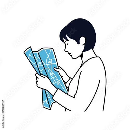 Woman with short dark hair looking at a blue and white map with location icons in her hands illustration