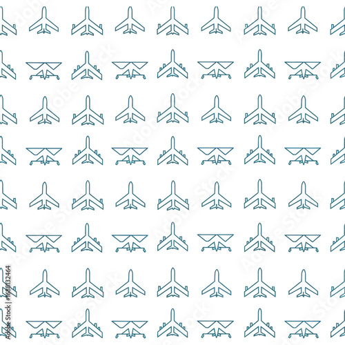 Repeating pattern of blue airplane and glider outlines on a white background in a symmetrical layout