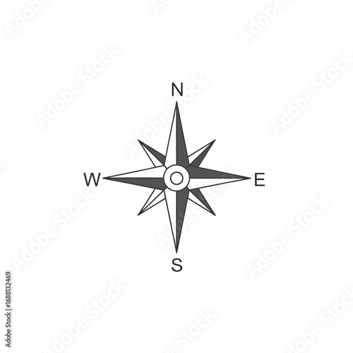 A simple compass rose graphic with north south east and west directions on a white background plane view