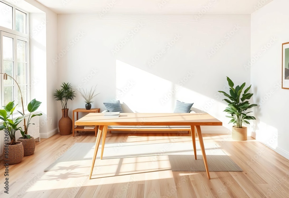 Fototapeta premium Empty light wood desk in minimalist living room, natural light, texture, bright
