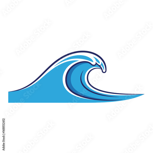 A stylized blue wave with a dark blue outline and white accents isolated on a white background design