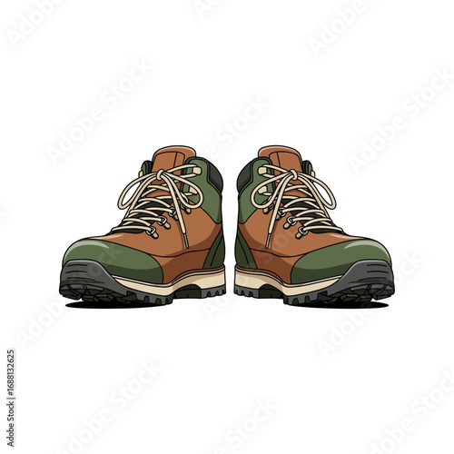 A pair of brown and green hiking boots with white laces sitting on a white background facing forward