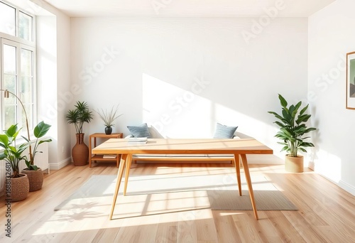 Empty light wood desk in minimalist living room, natural light, texture, bright