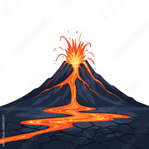 Pixel Art of Volcano Eruption with Flowing Lava and a Cracked Ground Depicting a Natural Geological Hazard in a Retro Style with Vibrant Orange and Black Tones
