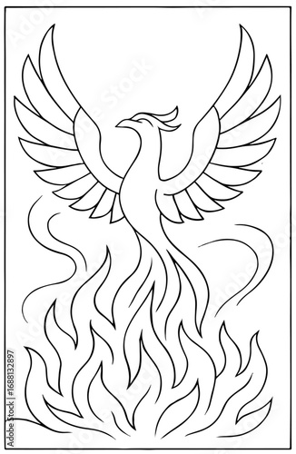 Rising Phoenix with Cosmic Flames Outline Coloring Page for Fantasy and Myth Lovers
