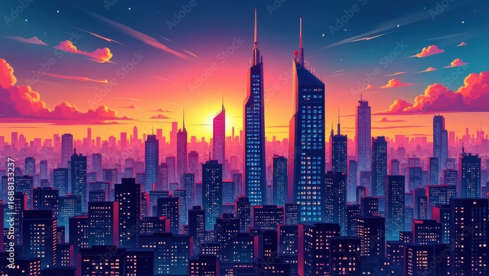 Fototapeta premium Vibrant sunset over a sprawling futuristic cityscape, featuring two prominent, slender skyscrapers at its heart, bathed in warm and cool hues. 