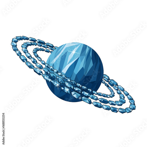 Pixelated Blue Planet with Chain Rings on White Background in Detailed Digital Art