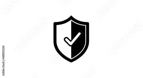Black and white shield icon with checkmark for security.