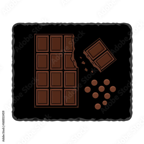 Chocolate Bar with Piece Broken Off and Candy Pieces Isolated on Black Background