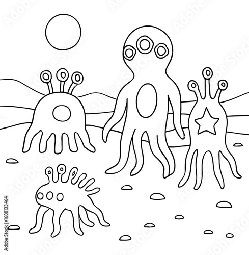 Alien Fauna and Extraterrestrial Creatures Outline Coloring Page for Sci-Fi Fantasy Art