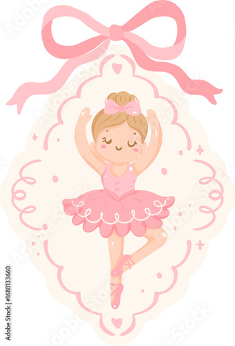 Ballerina Ornament Illustration, Pink Ballet Dancer Clipart, Cute Nutcracker Christmas Decoration, Kawaii Ballet Frame Graphic