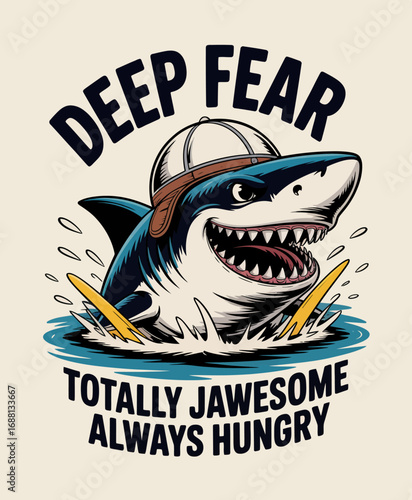 This dynamic illustration features a fierce shark with a playful expression, combining humor and fear, making it a captivating representation of ocean life and adventure.