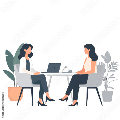 Two Women in Business Casual Attire Sitting at White Table with Laptop and Potted Plants in Brightly Lit Room for Consultation