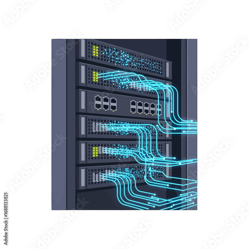 Pixelated Server Rack with Glowing Blue Fiber Optic Cables in a Gray Enclosure Data Center Concept
