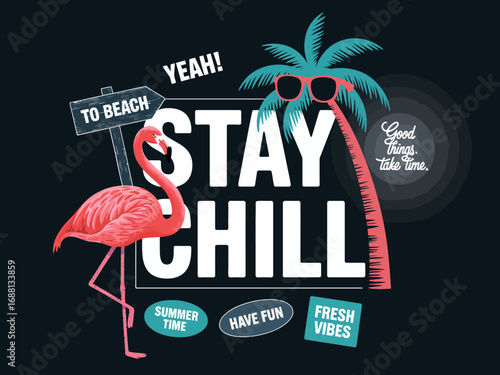 This vibrant image captures a cheerful beach scene featuring a flamingo and palm tree, along with fun summer phrases that evoke relaxation, enjoyment, and fresh vibes.