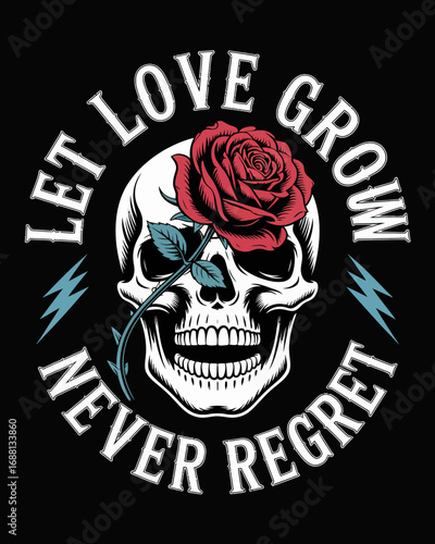 This intriguing image showcases a skull adorned with a rose, emphasizing a powerful message of love, growth, and embracing life without regrets, perfect for bold statement art.