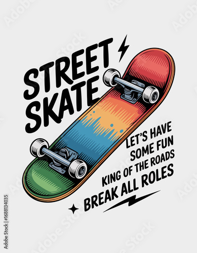 Showcasing a skateboard adorned with vibrant colors, this image celebrates urban life, freedom of expression, and the joyful spirit of street skating.