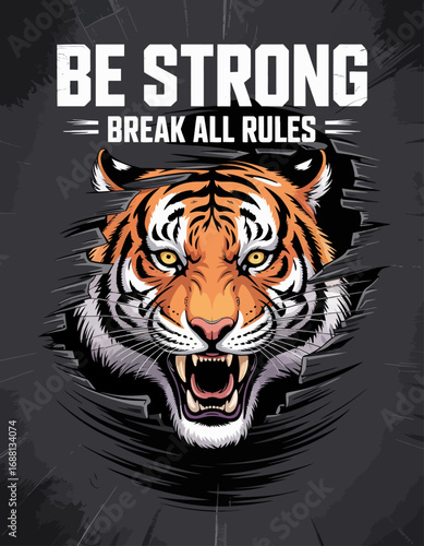 A striking image of a roaring tiger breaking through a wall, symbolizing strength, courage, and the wild spirit inherent in nature and animal life.