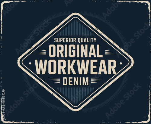 This design showcases a bold typographic representation of 'Original Workwear Denim,' highlighting quality elements with a timeless feel suitable for fashion merchandising.