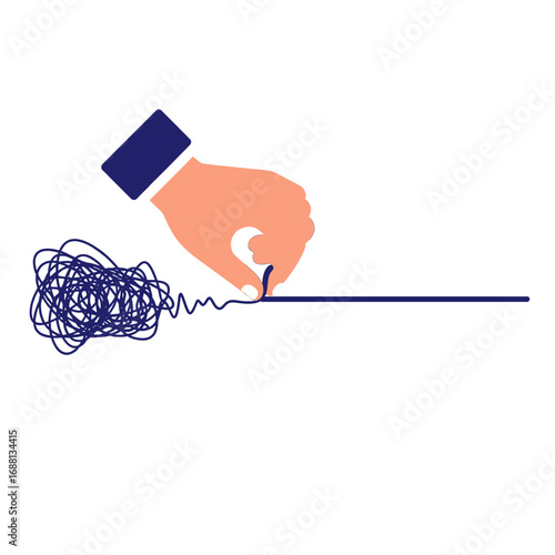 Hand Untangling Chaotic Blue Scribble to Straight Line on White Background Concept of Problem Solving and Simplification Illustration