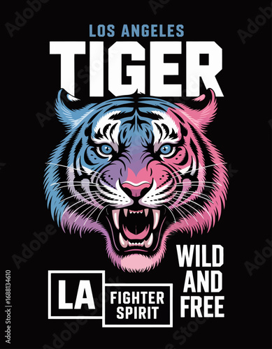 This striking image features a fierce tiger, captured in vibrant colors, representing the wild and free spirit of Los Angeles and evoking strength and tenacity.