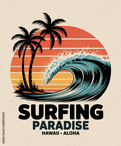 This artwork captures the essence of a sunny beach paradise with iconic palm trees and vibrant waves, evoking the thrill of surfing and a carefree lifestyle.