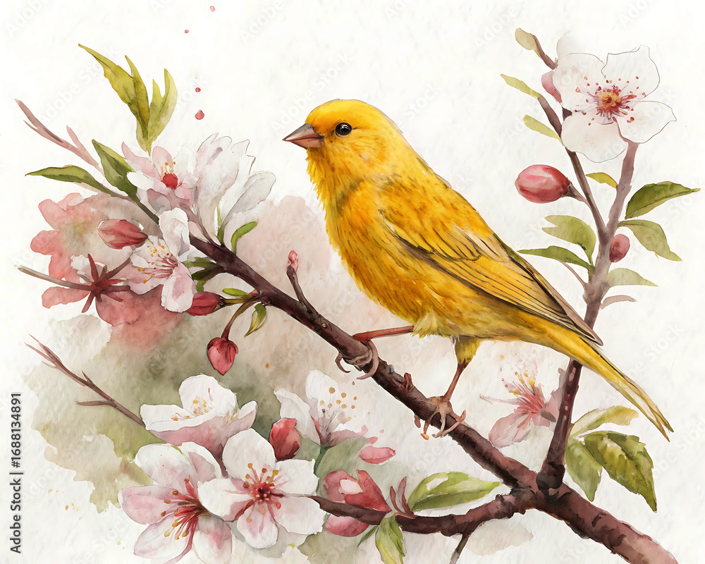 Fototapeta premium Vibrant yellow canary perched on a delicate branch adorned with soft pink and white blossoms in a watercolor style