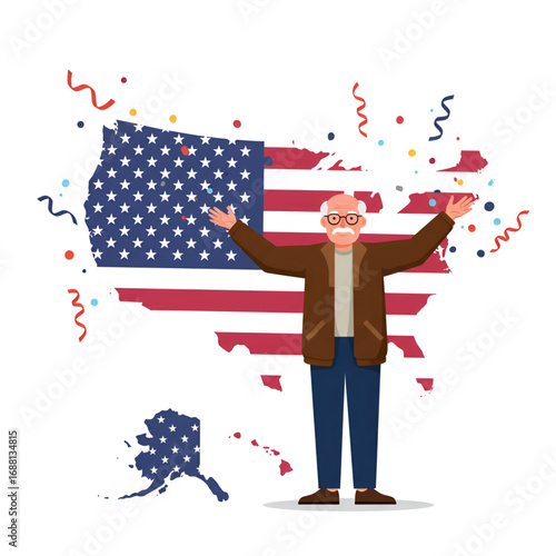 Happy Senior Citizen Celebrating American Pride Patriotic Illustration