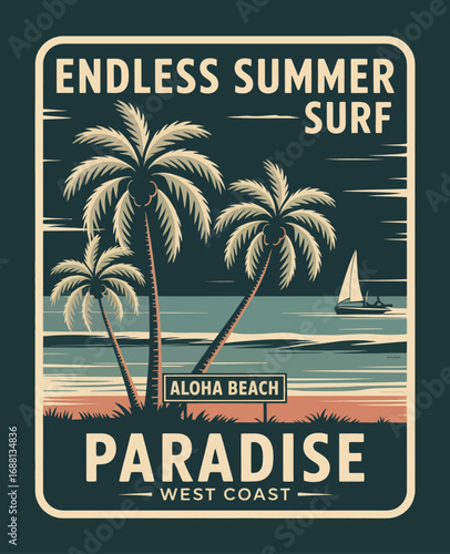 This image portrays a tropical beach scene filled with palm trees and a sailboat, evoking feelings of relaxation, freedom, and a carefree summer lifestyle by the ocean.