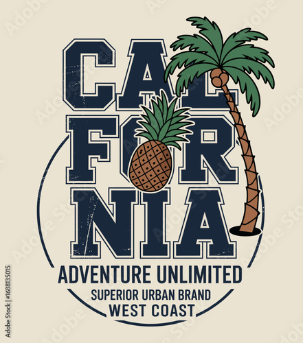 This vibrant design showcases palm trees and a pineapple, embodying the carefree spirit of California and adventure, great for beach lovers and urban explorers alike.