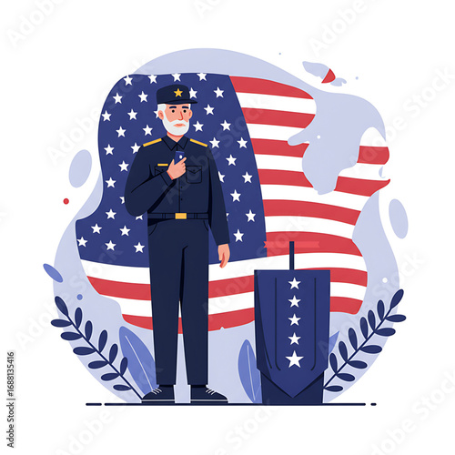 Veteran in Uniform with American Flag Memorial Day Veterans Day