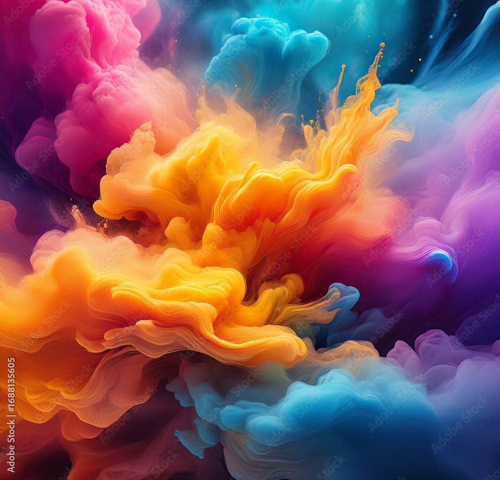 Obraz premium Abstract concept multicolor fume explosion on black background. Splash of color paint, water, smoke colorful backgrounds. Royalty high-quality free stock photo image of watercolor, burst, explode, art