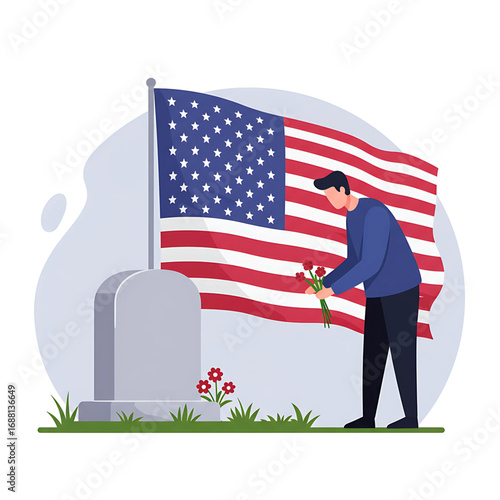 Man Paying Respects at Memorial Day Grave with American Flag