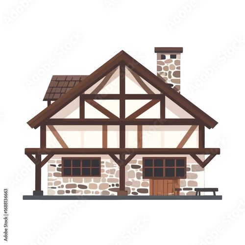 Charming Two Story Stone House with Exposed Timber Frame Roof and Chimney on White Background Adobe Stock Photo