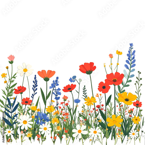 Vibrant Field of Wildflowers with Red Yellow and Blue Blooms in Pixel Art Style on White Backdrop