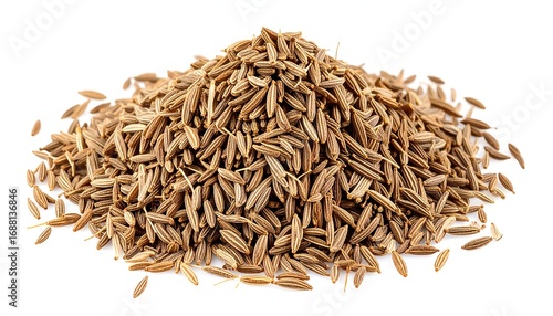 A pile of cumin seeds against a white background.  Close up